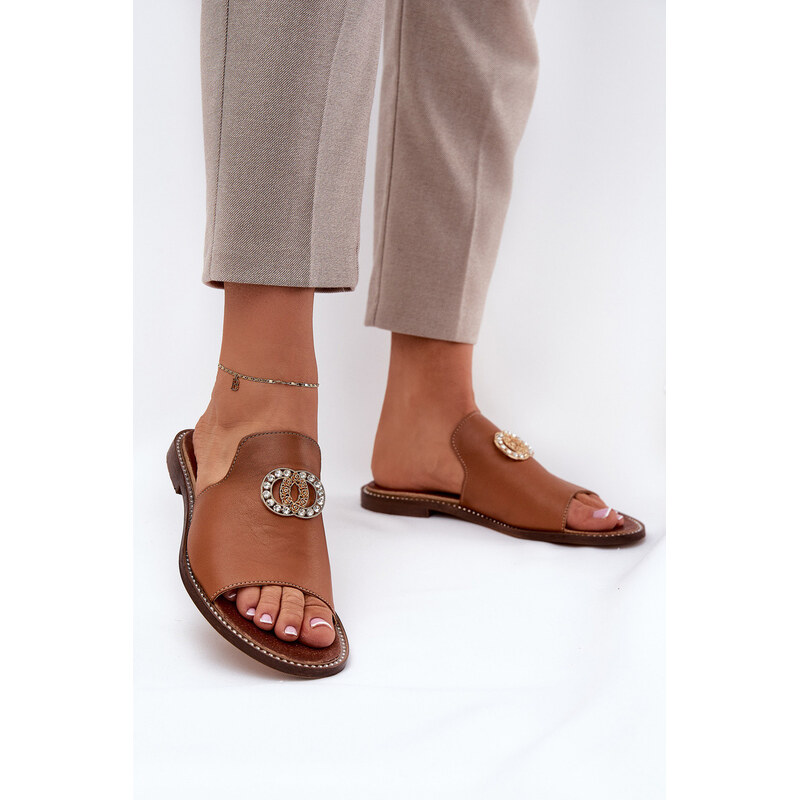 Elegantní Dámské Kožené Pantofle S Dekorací Zazoo 3008 Camel 110753220