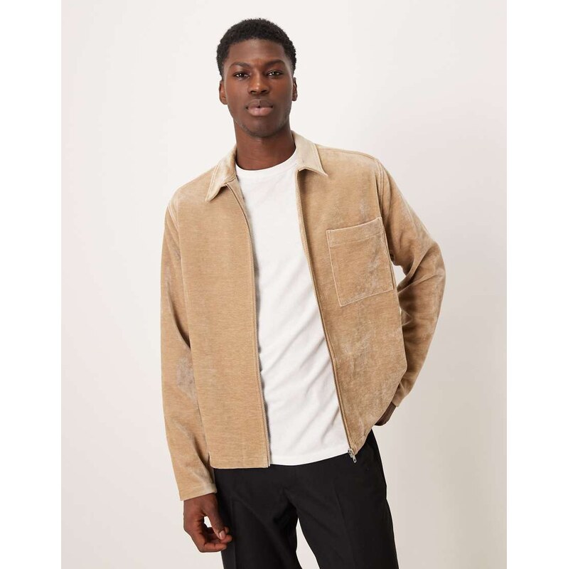 ASOS DESIGN boxy relaxed textured shirt in beige-Black