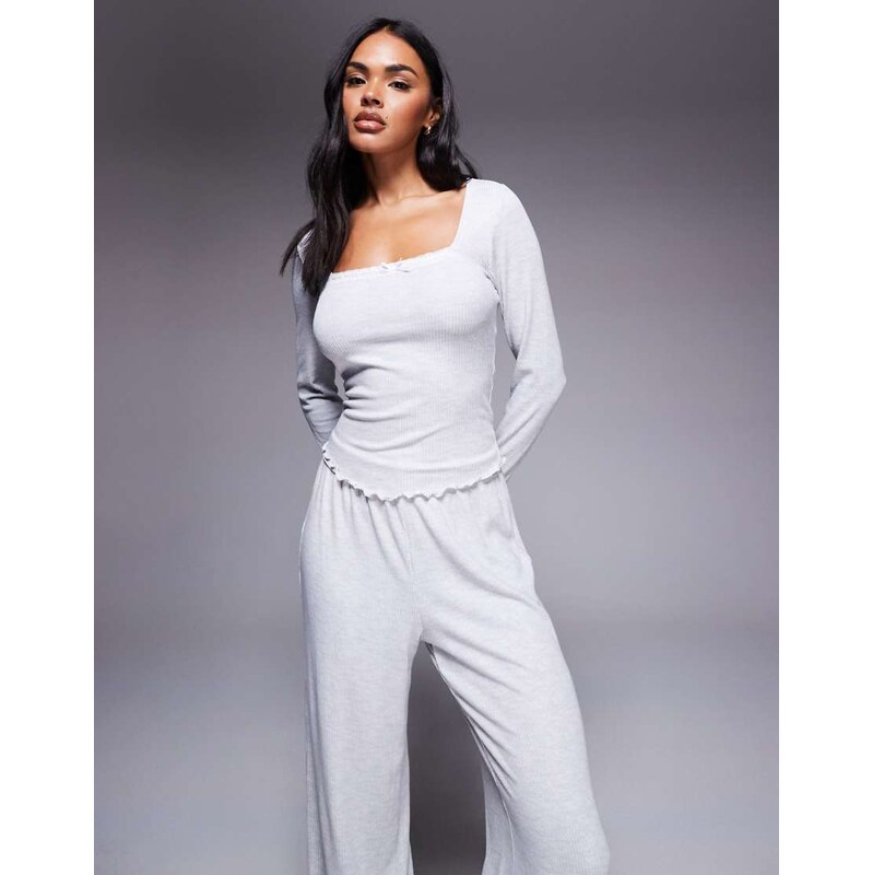 Boux Avenue ribbon lace ribbed top and pant set in grey marl 110758193