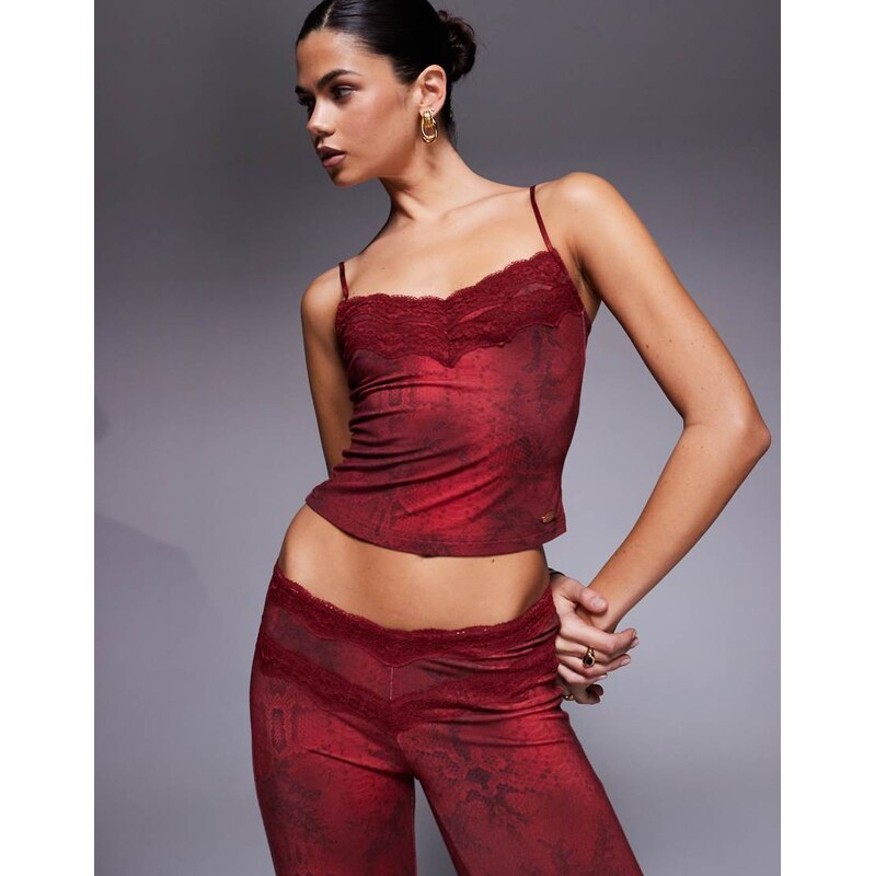 I.AM.GIA Beau double lace trim cami top co-ord in red snake print 115515181