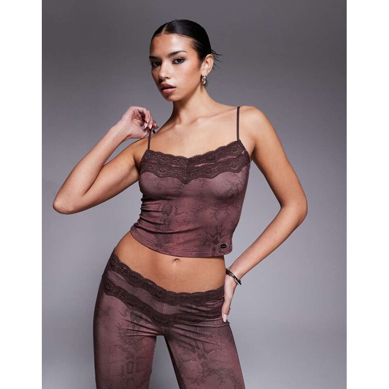 I.AM.GIA Beau double lace trim cami top co-ord in brown snake