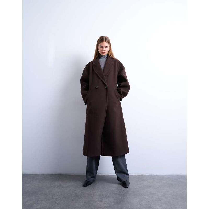 Topshop ovoid sleeve double breasted longline formal coat in chocolate 113262833