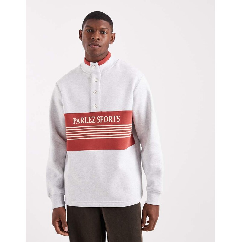 Parlez 1/4 button logo colour block sweatshirt in grey/orange