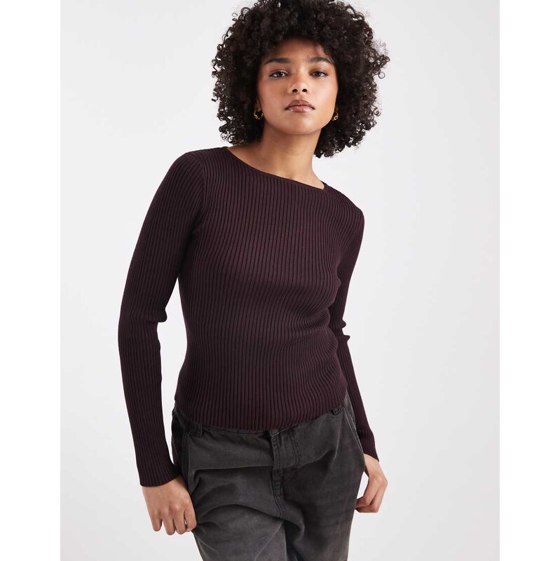 Miss Selfridge knit rib slash neck long sleeve top in chocolate-Brown 112173750