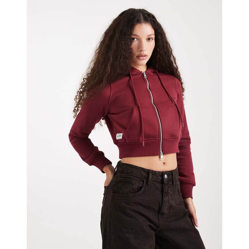 Cotton On cropped zip through hoodie in cherry wood-Red