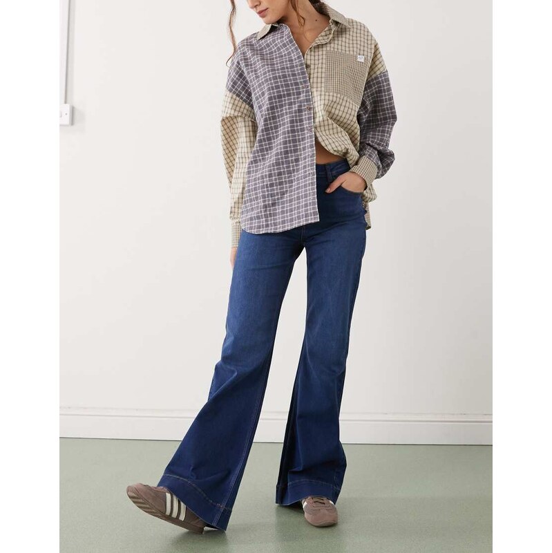 Noisy May Rooxy high rise flares in mid blue denim