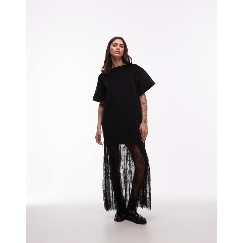 ASOS DESIGN cord t-shirt hybrid maxi dress with lace skirt in