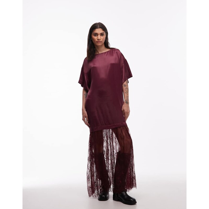 ASOS DESIGN satin t-shirt hybrid maxi dress with lace skirt in burgundy-Red