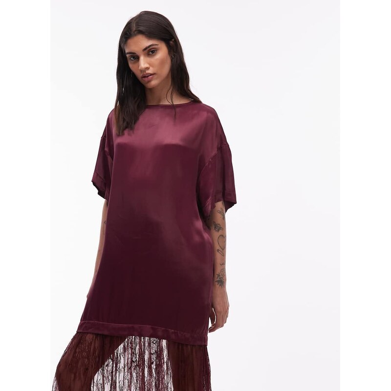 ASOS DESIGN satin t-shirt hybrid maxi dress with lace skirt in burgundy-Red