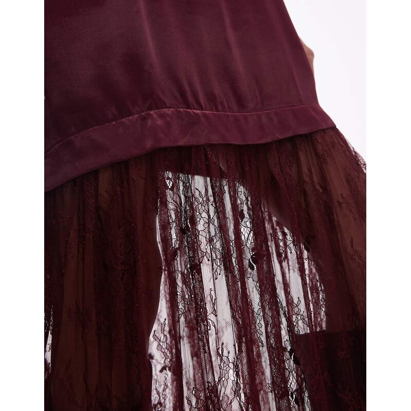 ASOS DESIGN satin t-shirt hybrid maxi dress with lace skirt in burgundy-Red