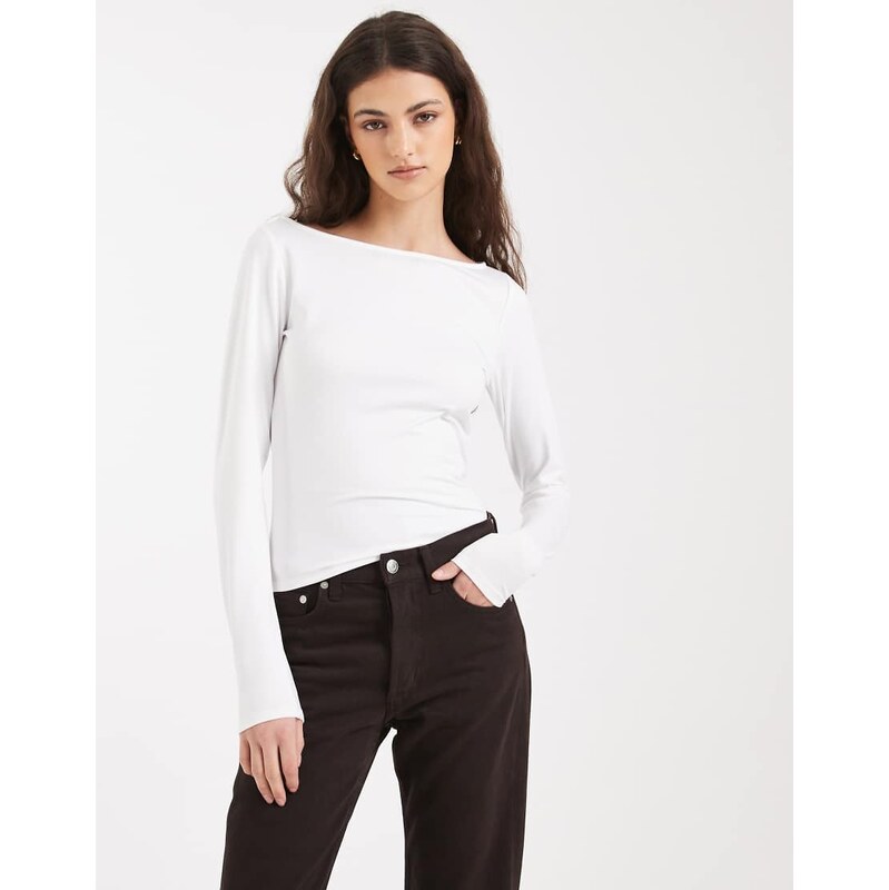 Hollister long sleeve slash neck seamless top in white