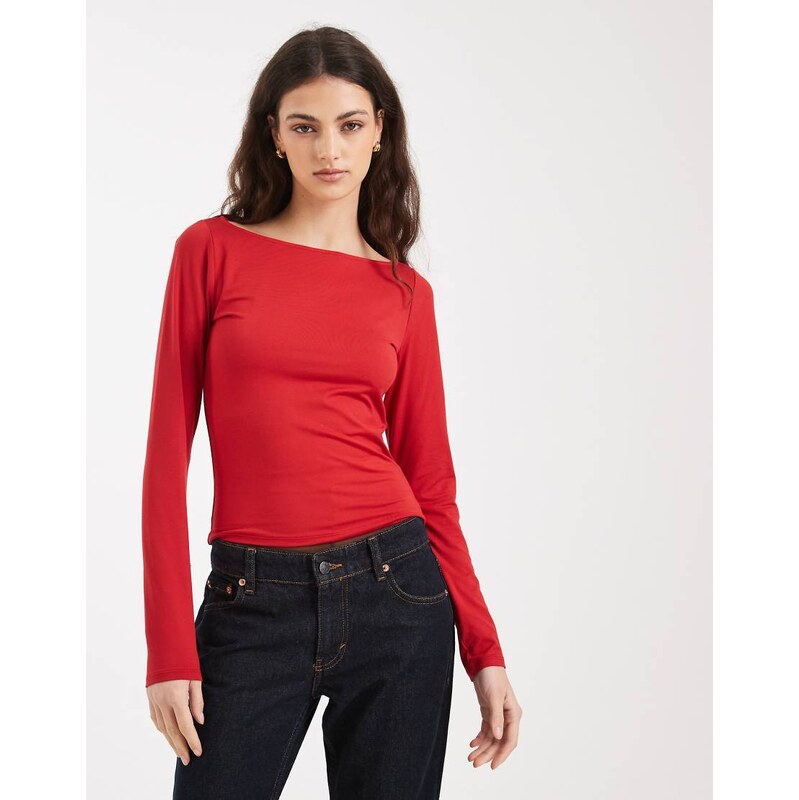 Hollister long sleeve slash neck seamless top in red