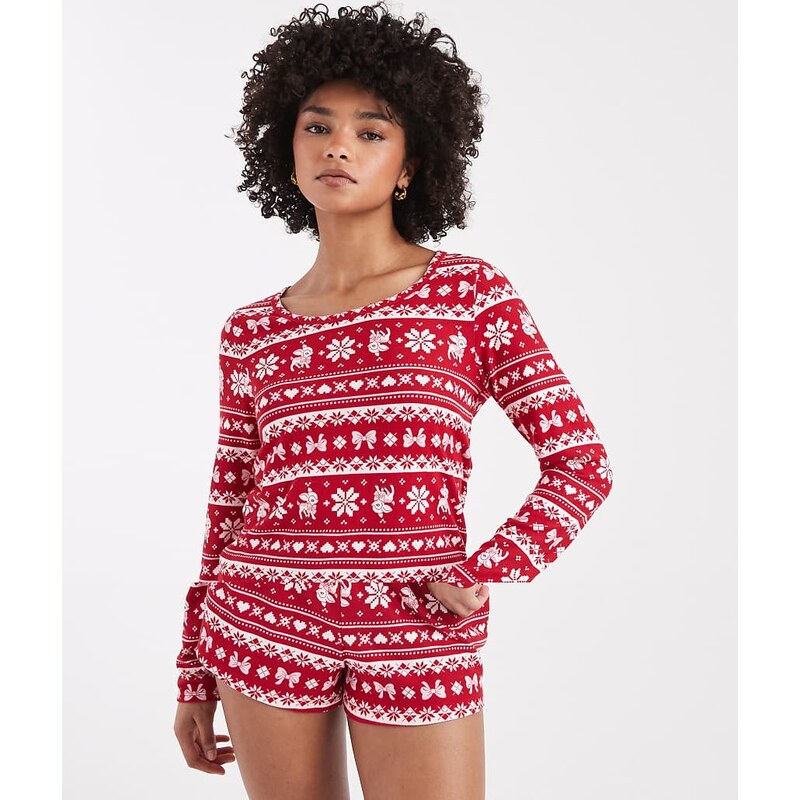Hollister long sleeve and shorts pyjama set in red fairisle