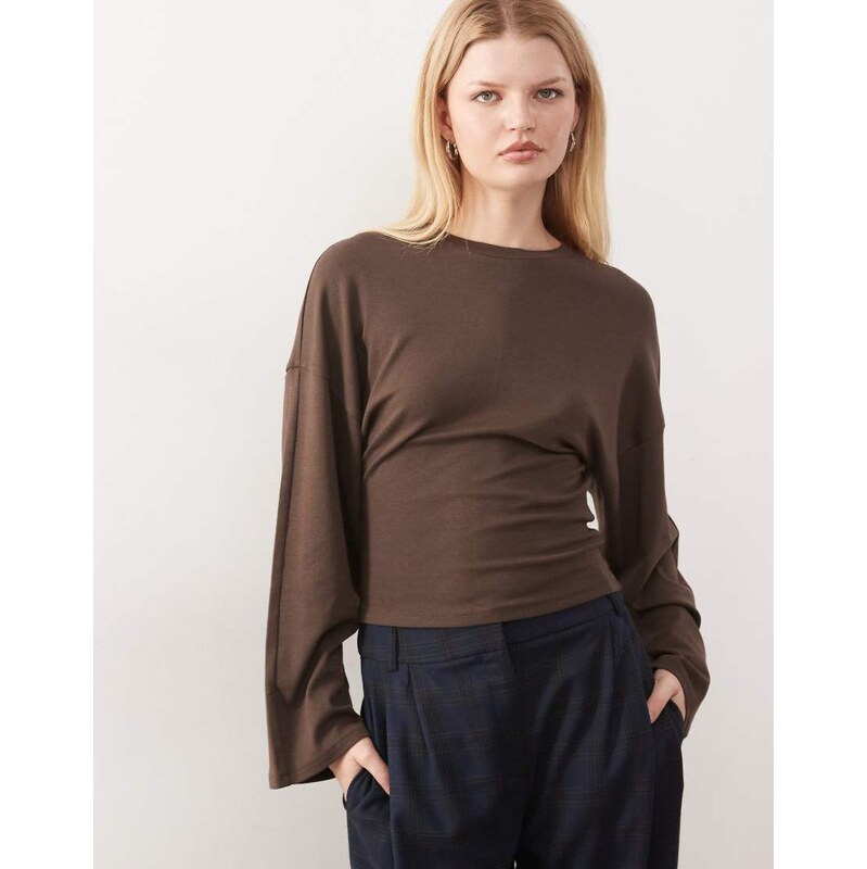 Noisy May long sleeve cinch waist top in chocolate-Brown