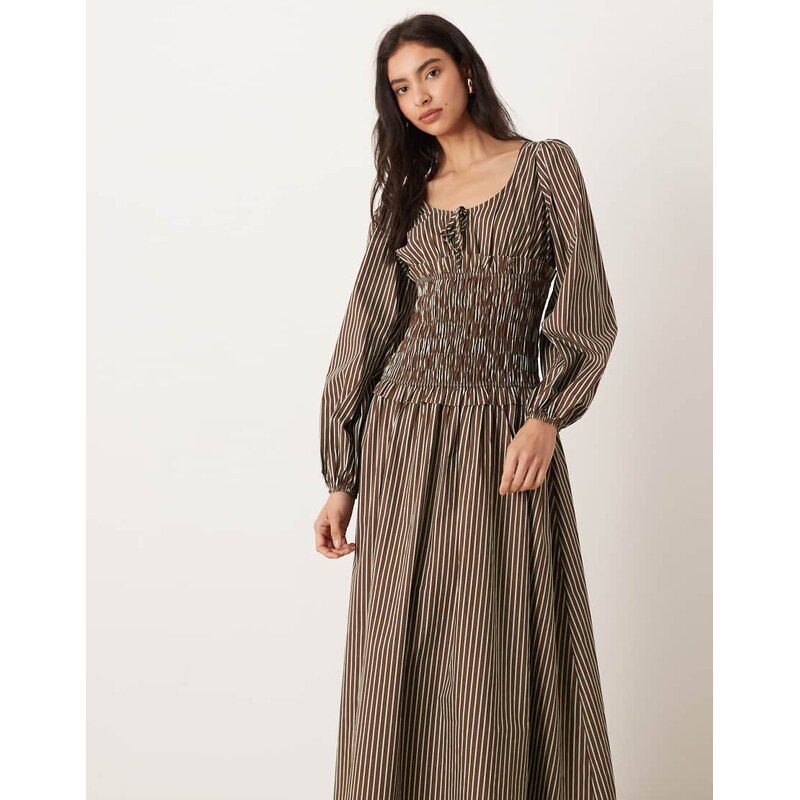Glamorous drop waist shirred bodice maxi dress in brown blue stripe 115516197