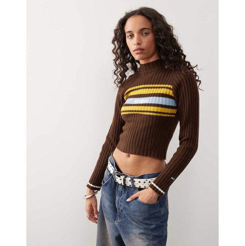 Kickers high neck retro stripe jumper in brown 110761478