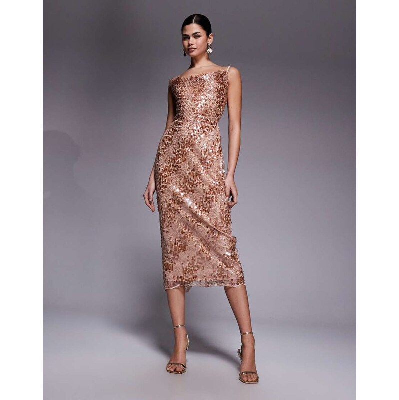 TFNC sequin cowl neck open back midi dress in rose gold 110761532