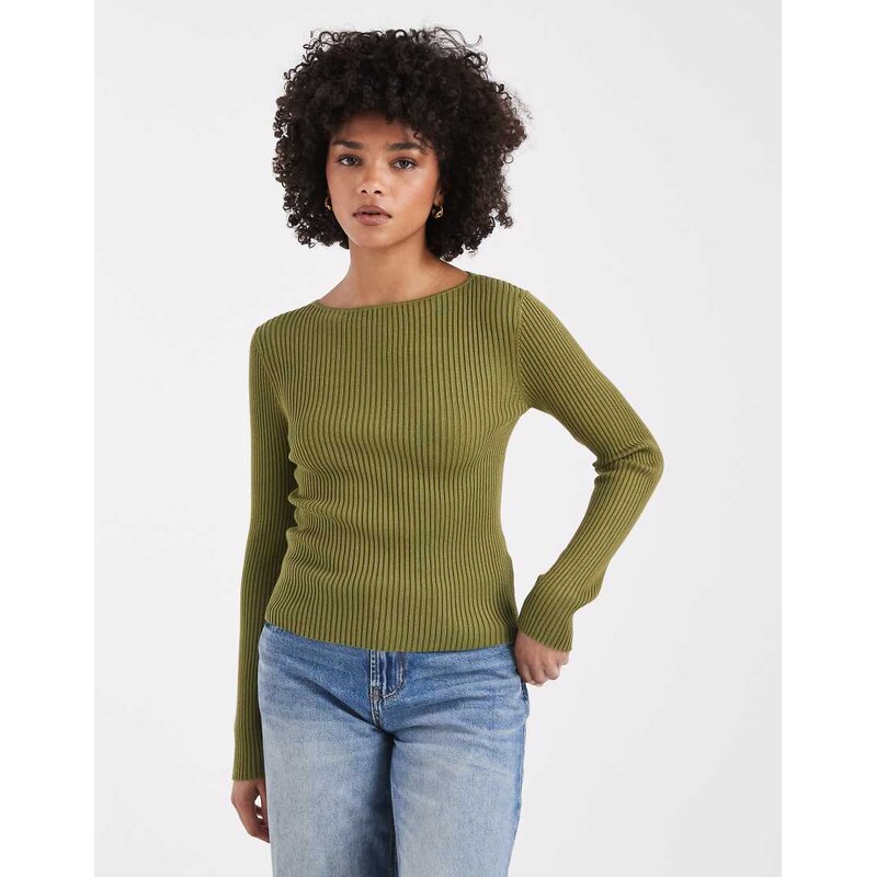 Miss Selfridge knit rib slash neck long sleeve top in olive-Green 112183236