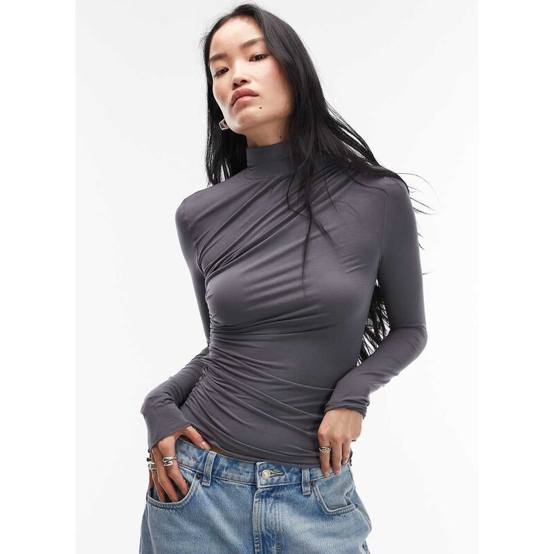 & Other Stories slim fit long sleeve turtle neck asymmetric top in 111258868