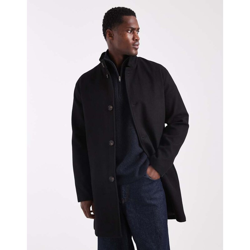 ONLY & SONS wool blend funnel neck overcoat in black
