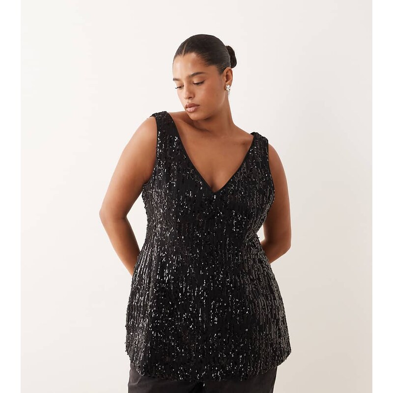ASOS DESIGN Curve tailored v neck sequin cinched waist peplum top in 111068183