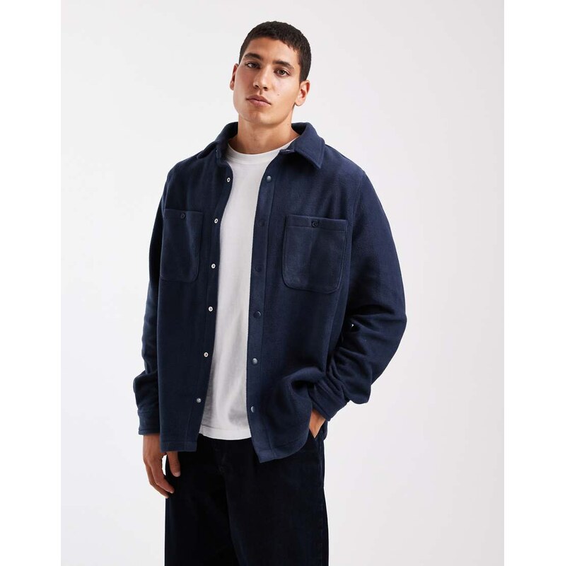 Brave Soul long sleeve fleece shacket with front pockets in navy