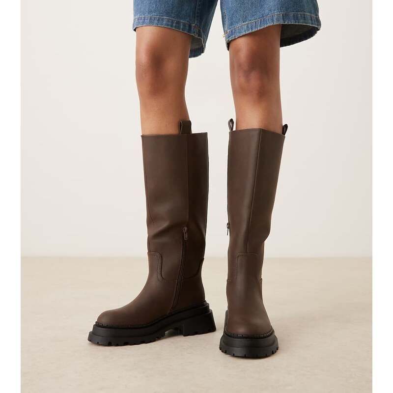 ASOS DESIGN Wide Fit Cecilia chunky flat knee boots in chocolate