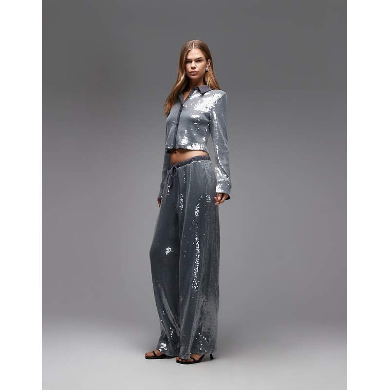 ASOS DESIGN co-ord glass sequin drawstring waist wide leg
