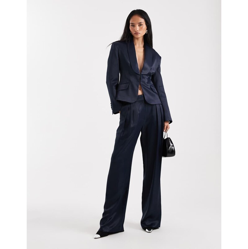 ASOS DESIGN tailored satin wide leg pleat occasion tux trousers
