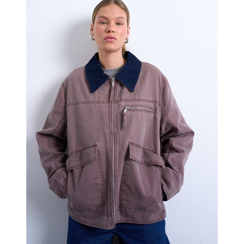 Topshop barn jacket with contrast collar detail in purple
