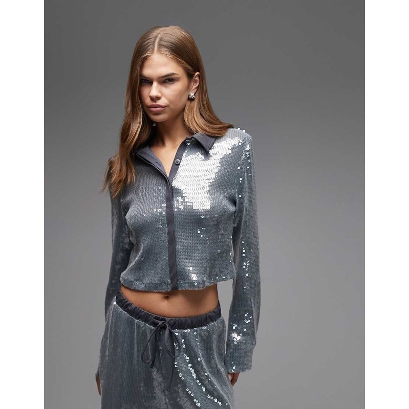 ASOS DESIGN co-ord glass sequin shirt with contrast collar in