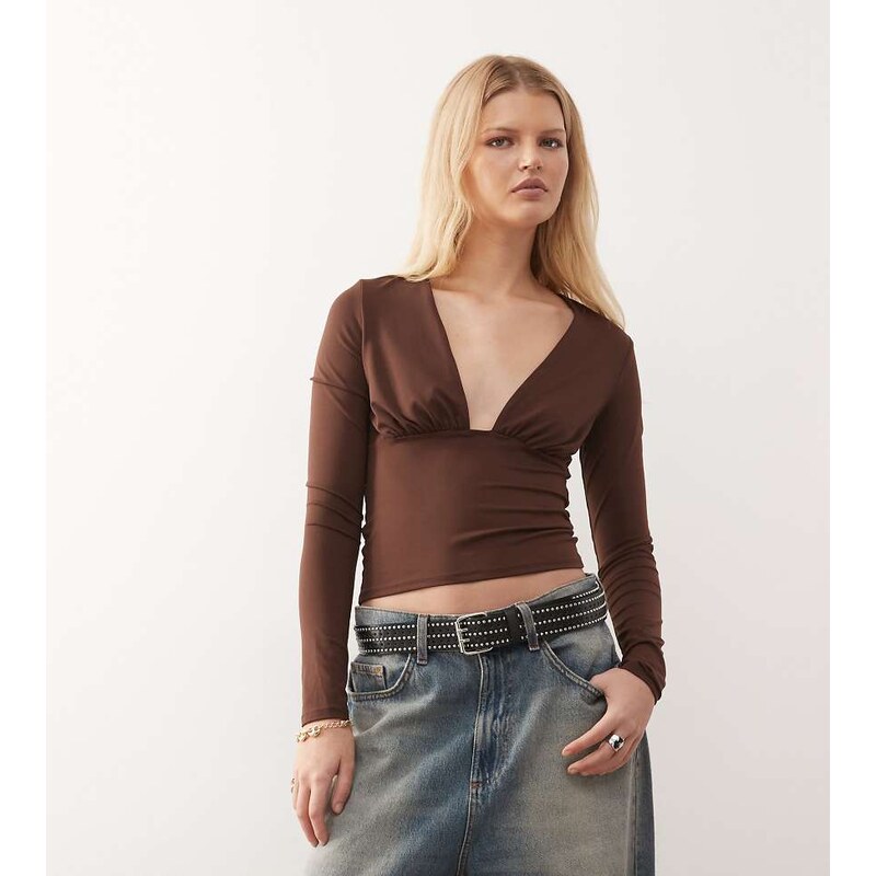 COLLUSION deep v slinky long sleeve top in chocolate-Brown 110799486