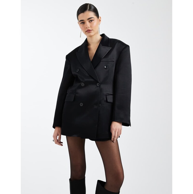 ASOS DESIGN oversized double breasted satin blazer in black