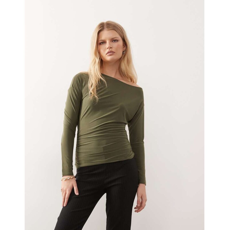 COLLUSION heavy weight soft touch off shoulder top in khaki