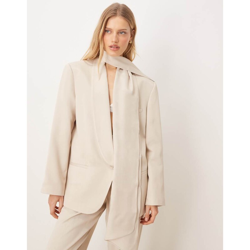 ASOS DESIGN occasion satin blazer with scarf detail in cream-White 110799468