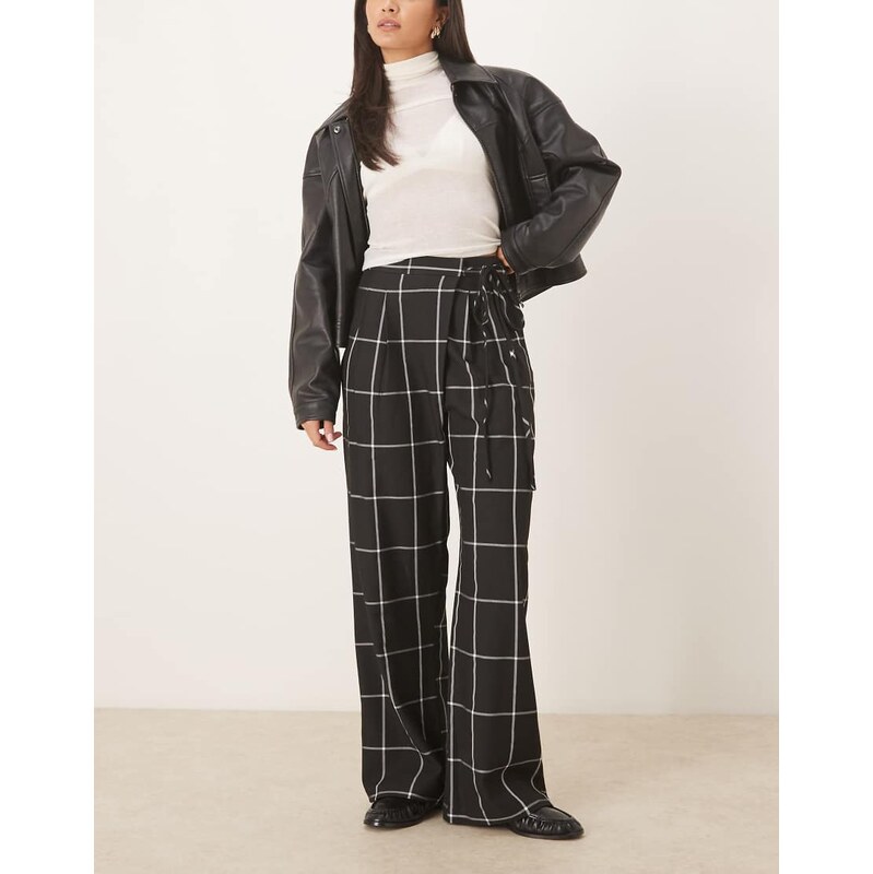 ASOS DESIGN tailored wrap tie wide leg trousers in black & white