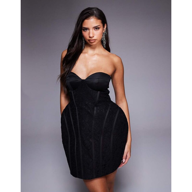 ASOS LUXE lace bandeau mini dress with sculpted corset in black 110800725