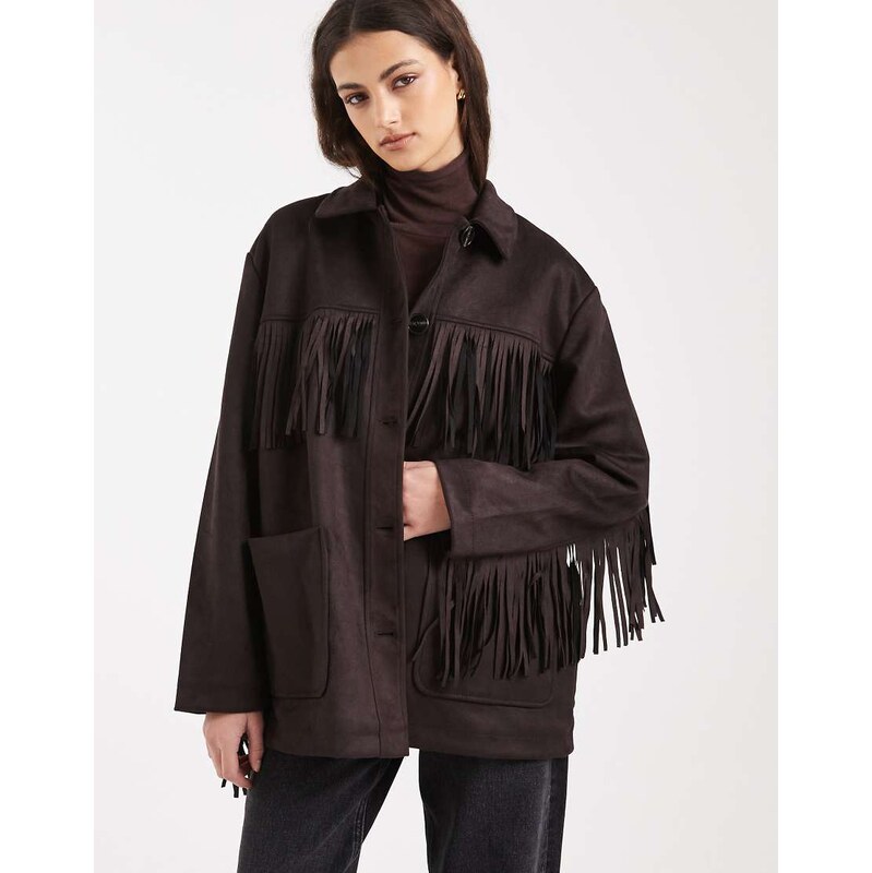 ONLY boho fringe detail faux suede jacket in chocolate brown