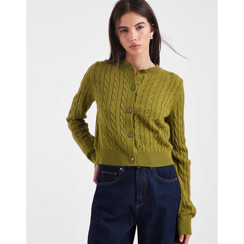 Miss Selfridge cable knit crew neck cardigan in olive-Green