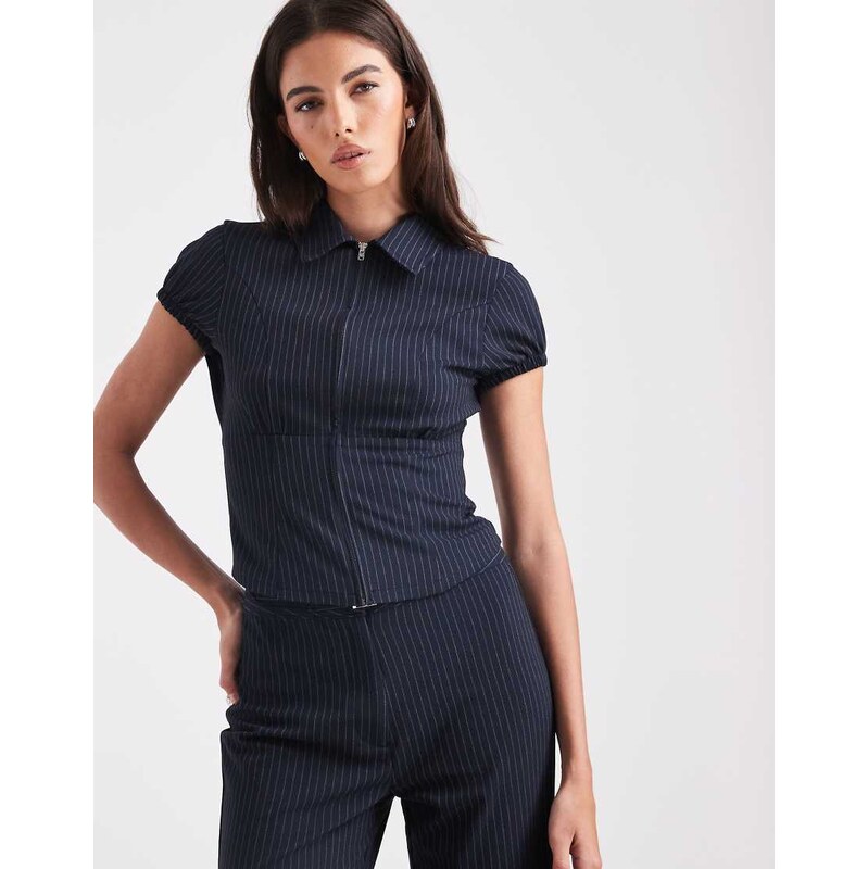 COLLUSION tailored pinstripe zip front shirt in navy 110800808