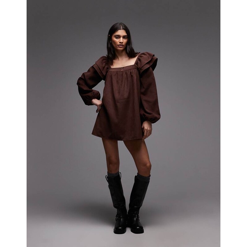 ASOS DESIGN square neck frill cord mini smock dress in chocolate