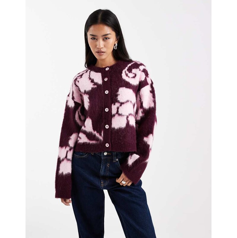 ASOS DESIGN brushed knitted floral cardigan in plum-Multi