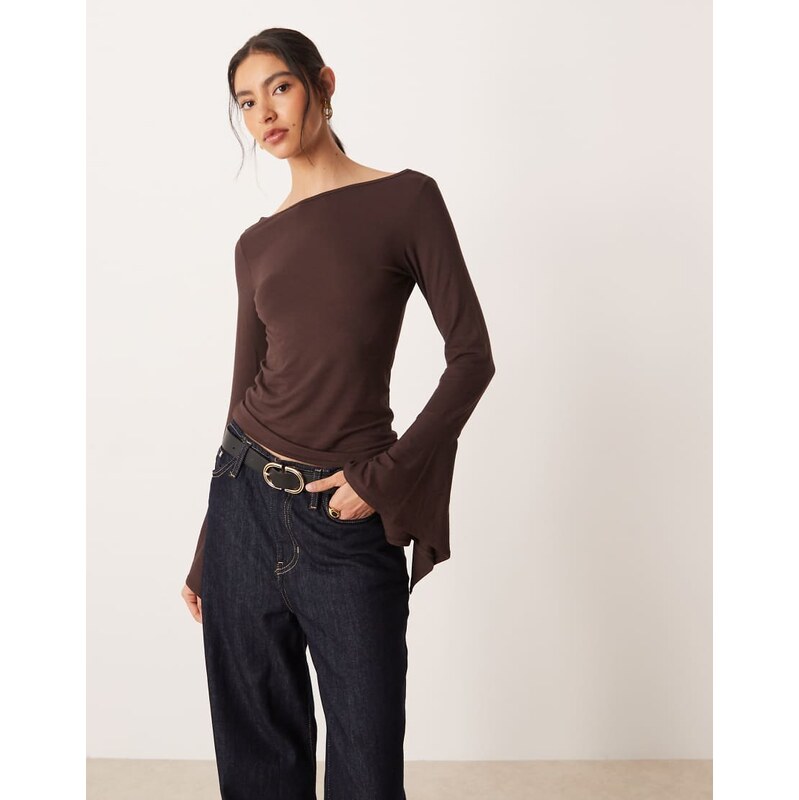 ASOS DESIGN hanky hem sleeve slash neck top in brown