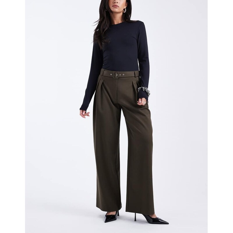 ASOS DESIGN tailored low belted wide leg trousers in olive-Green