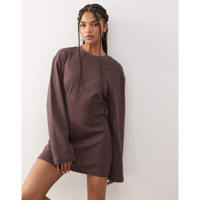 Monki cinched waist long sleeve mini t-shirt dress in dark brown