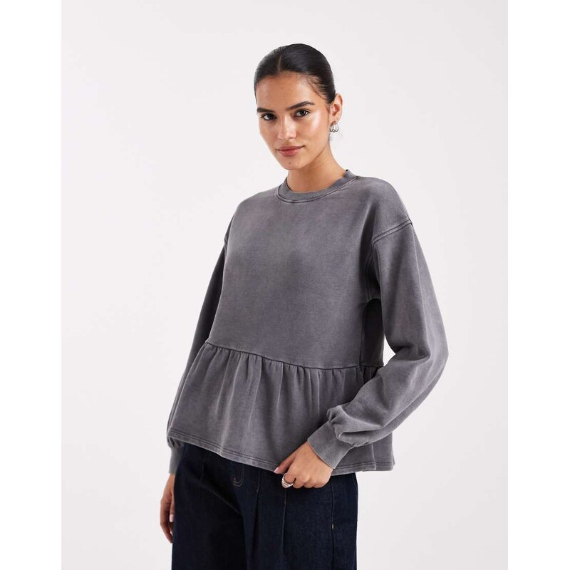 Miss Selfridge ruffle hem sweatshirt in charcoal-Black