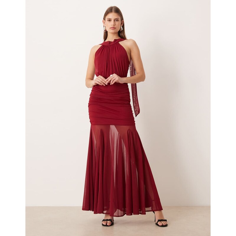 TFNC halter neck sheer skirt maxi dress in wine-Purple 110805229