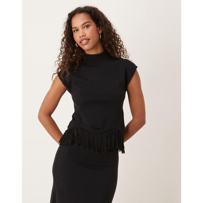 Pretty Lavish knitted fringe hem high neck cap sleeve top co-ord