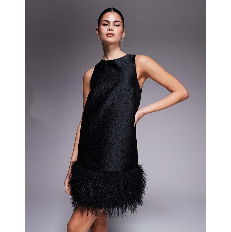New Look faux feather trim jacquard mini dress in black 110805222