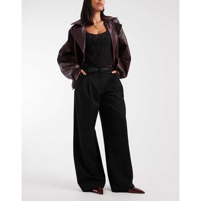 ASOS DESIGN Tailored low belted wide leg trousers in black